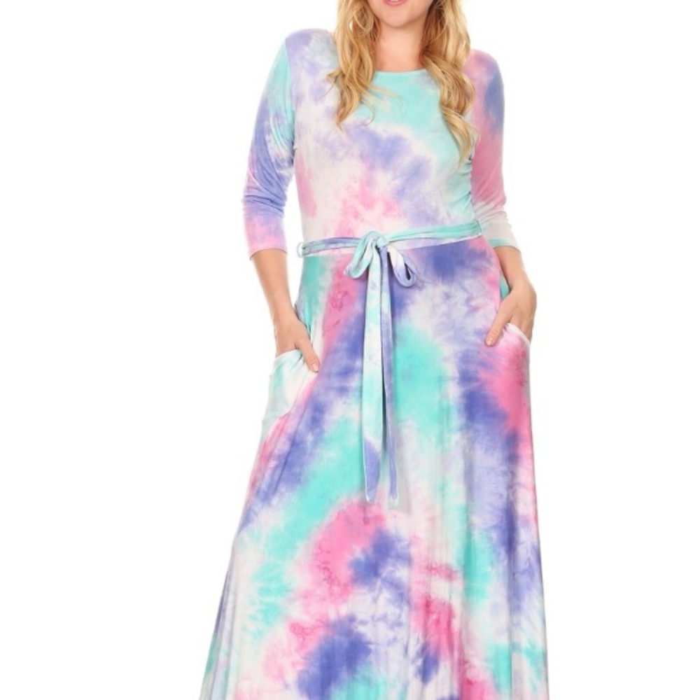 SALE !!! Plus Tie Dye Aqua Blue Pink Maxi Dress - Picture 2 of 3